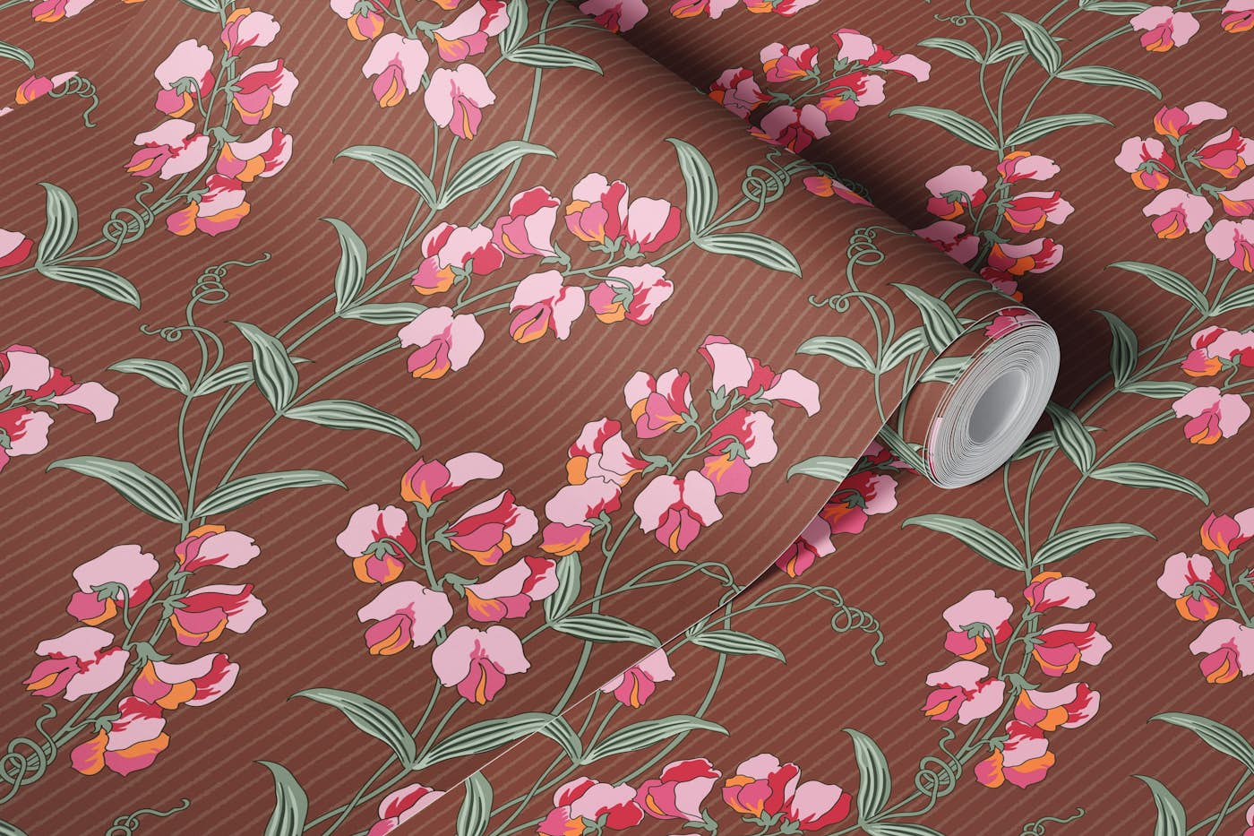 Vintage Pink Vine Flowers on Brown wallpaper roll