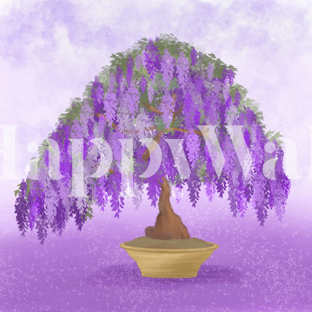 Wisteria Bonsai Tree wall mural depicting a bonsai in full bloom with a soft purple background