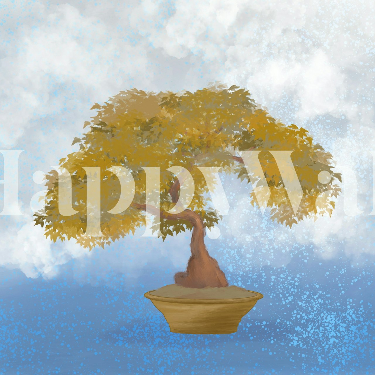 Golden bonsai tree with yellow leaves against soft blue background wallpaper