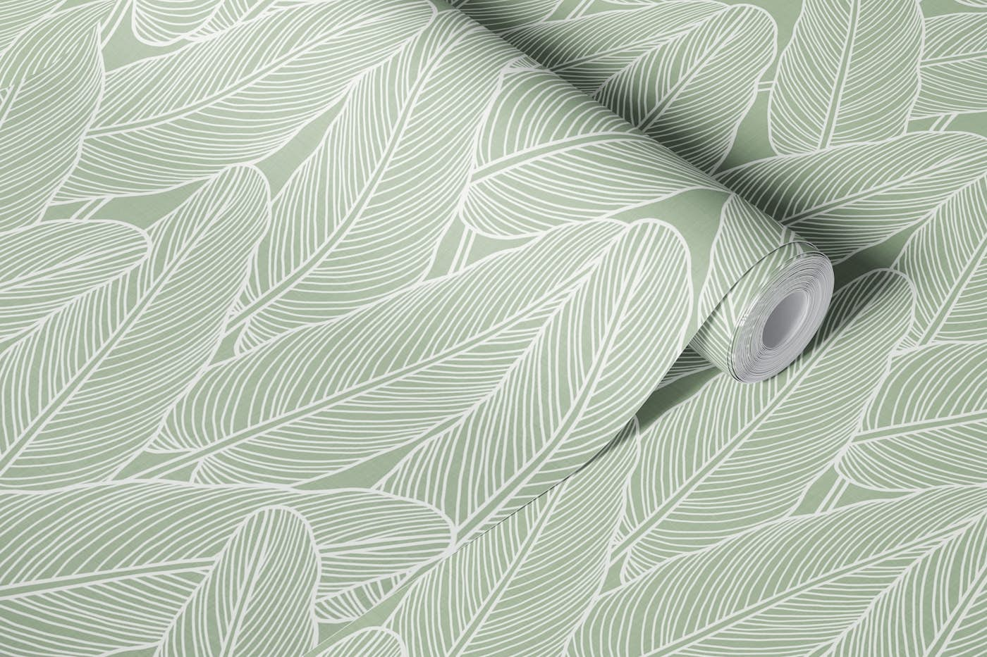 Line Art Leaves - Sage Green wallpaper roll