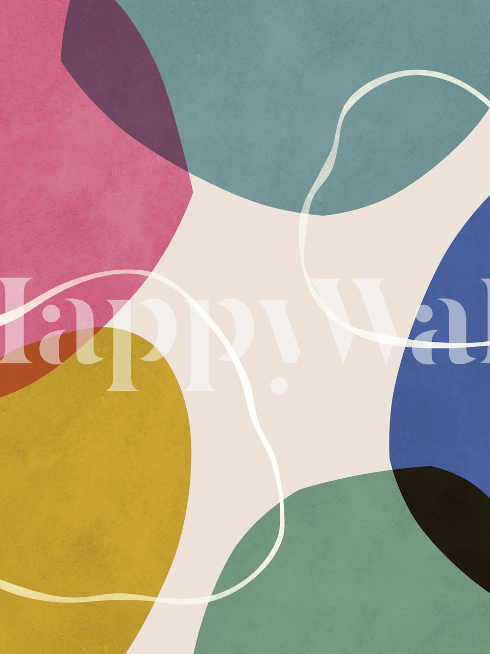 Colorful abstract shapes in pink, green, yellow, and blue create a geometric wallpaper.