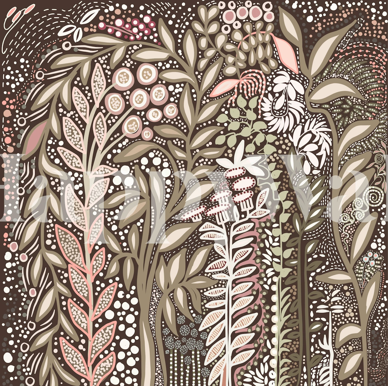 Floral patterns in earthy tones on brown background wallpaper