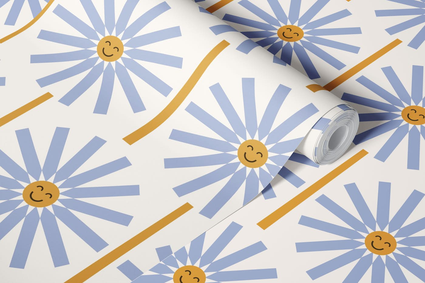 Happy Daisy beige blue wallpaper roll