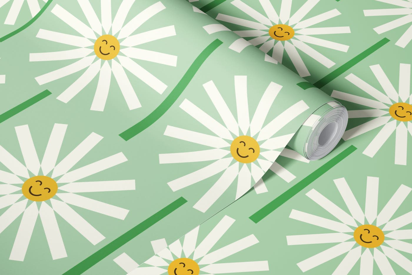 Happy Daisy green wallpaper roll