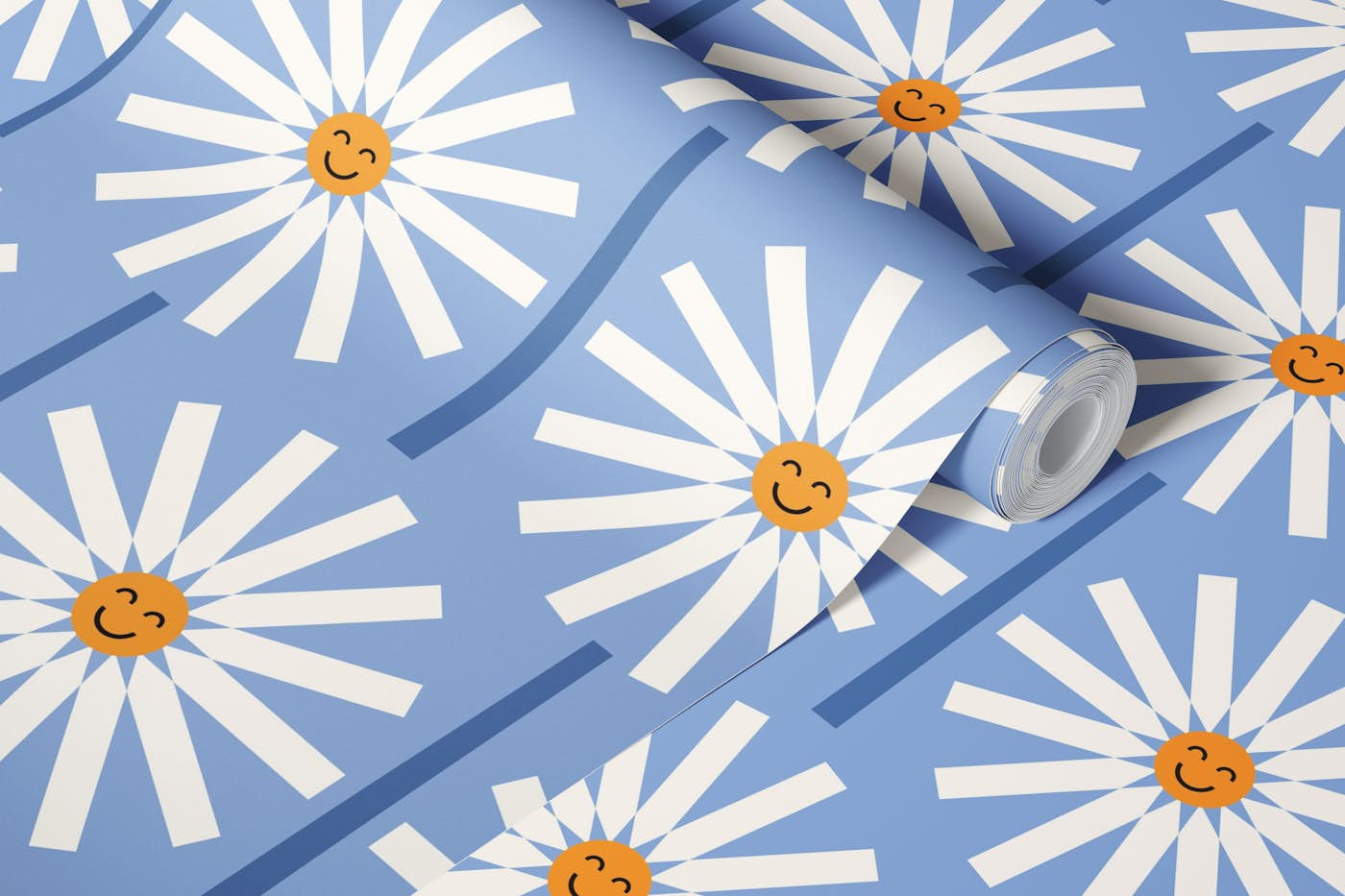 Happy Daisy blue wallpaper roll