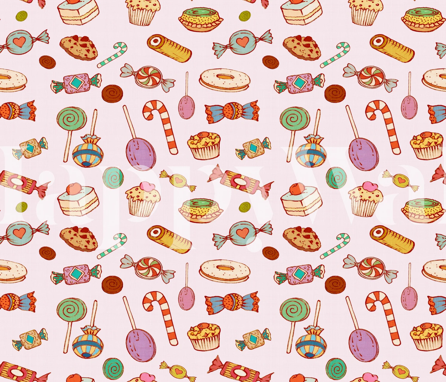 Colorful candy designs including cupcakes and lollipops, pink background wallpaper