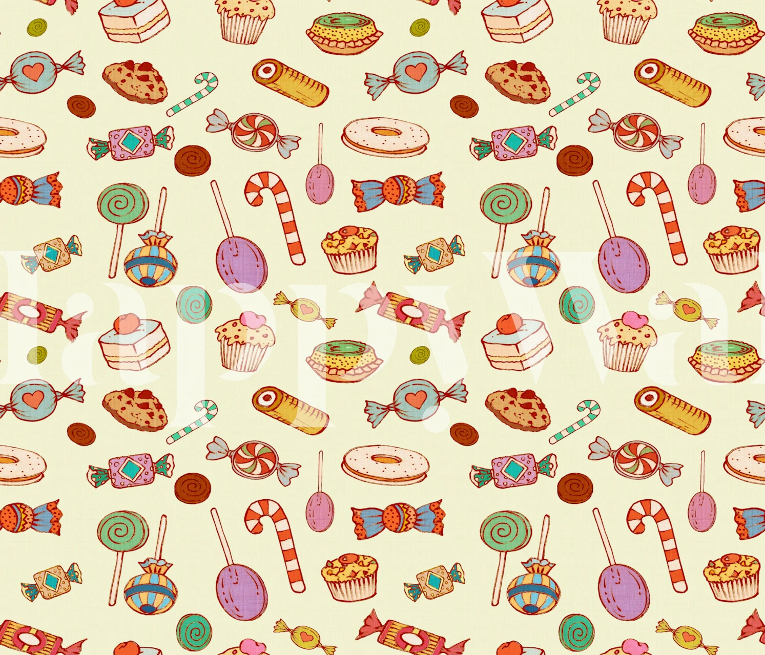 Colorful candies and pastries pattern on cream wallpaper