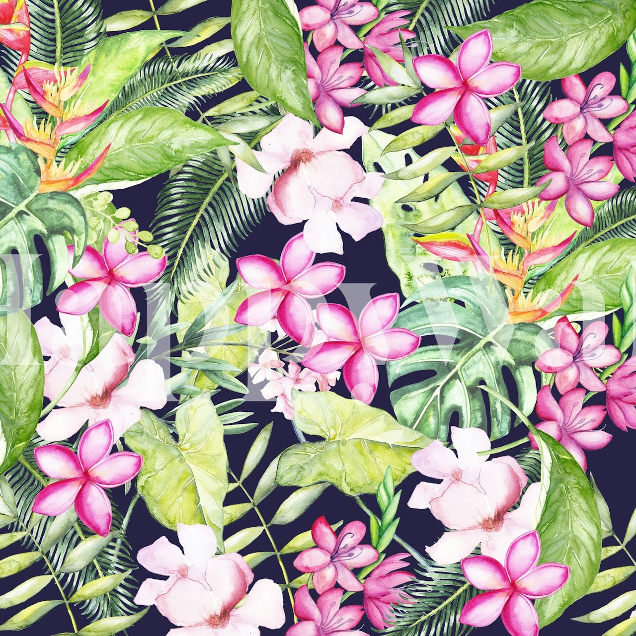 Tropical floral design with pink flowers and green leaves wallpaper