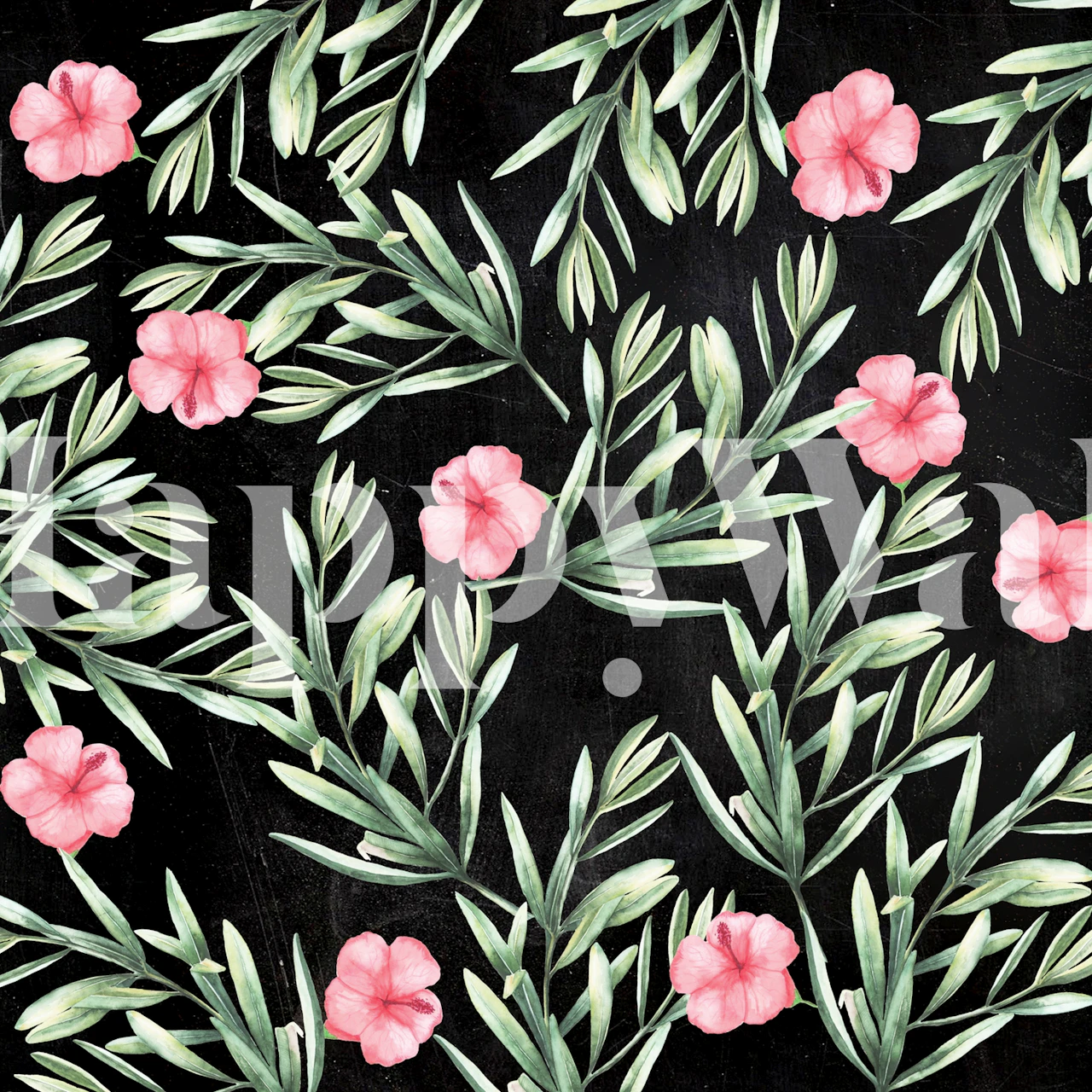 Pink hibiscus flowers and green leaves on black wallpaper