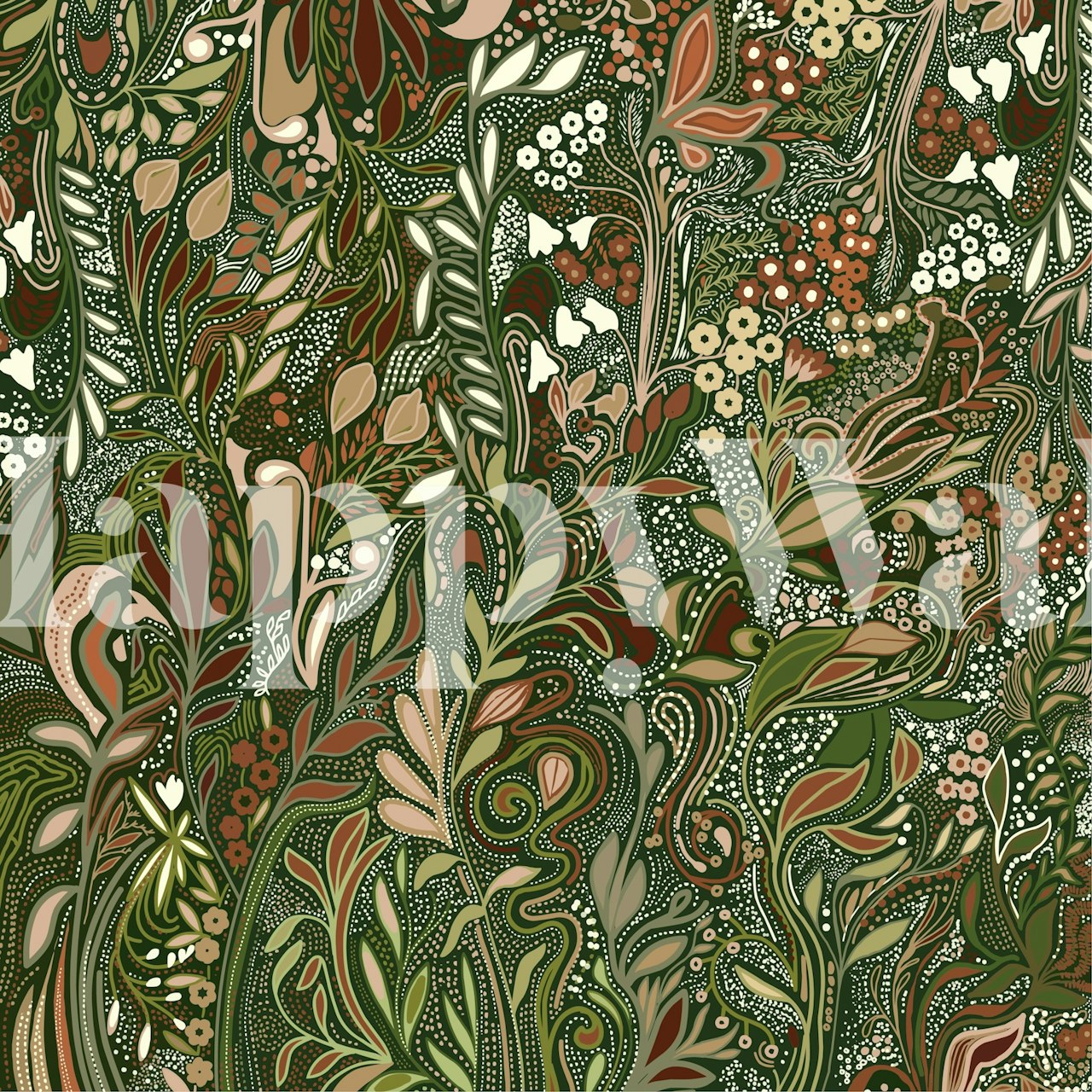 Intricate floral patterns in green and brown hues wallpaper