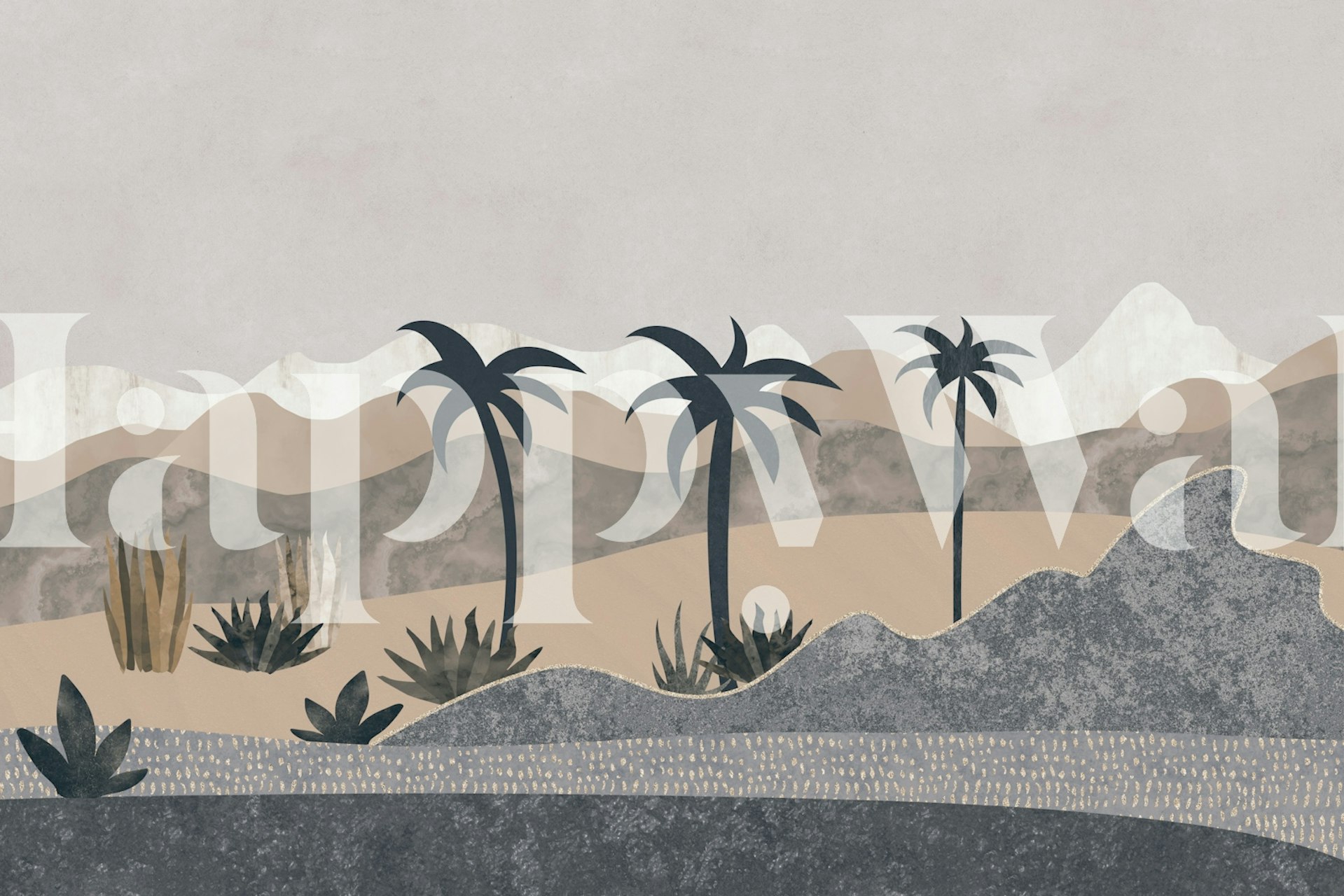 Desert landscape with palm trees and mountains in earthy tones wallpaper