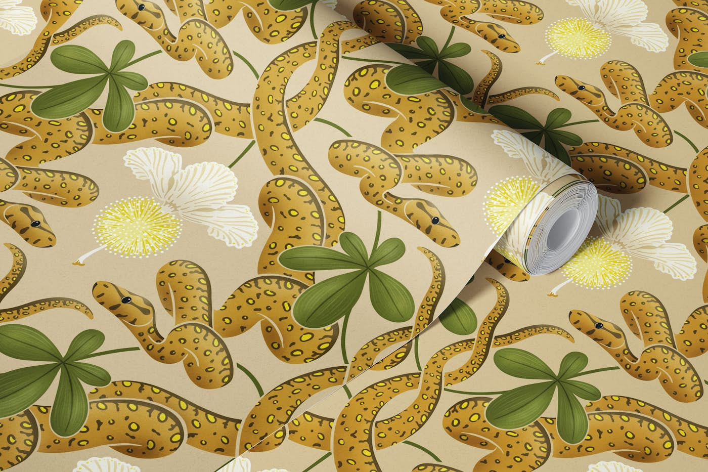 Snakes in the boabab tree beige wallpaper roll