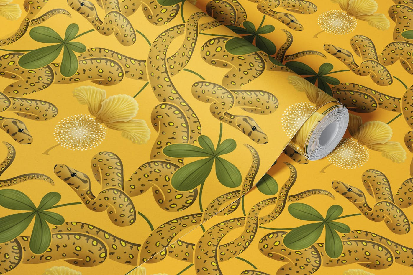 Snakes in the boabab tree mustard yellow wallpaper roll