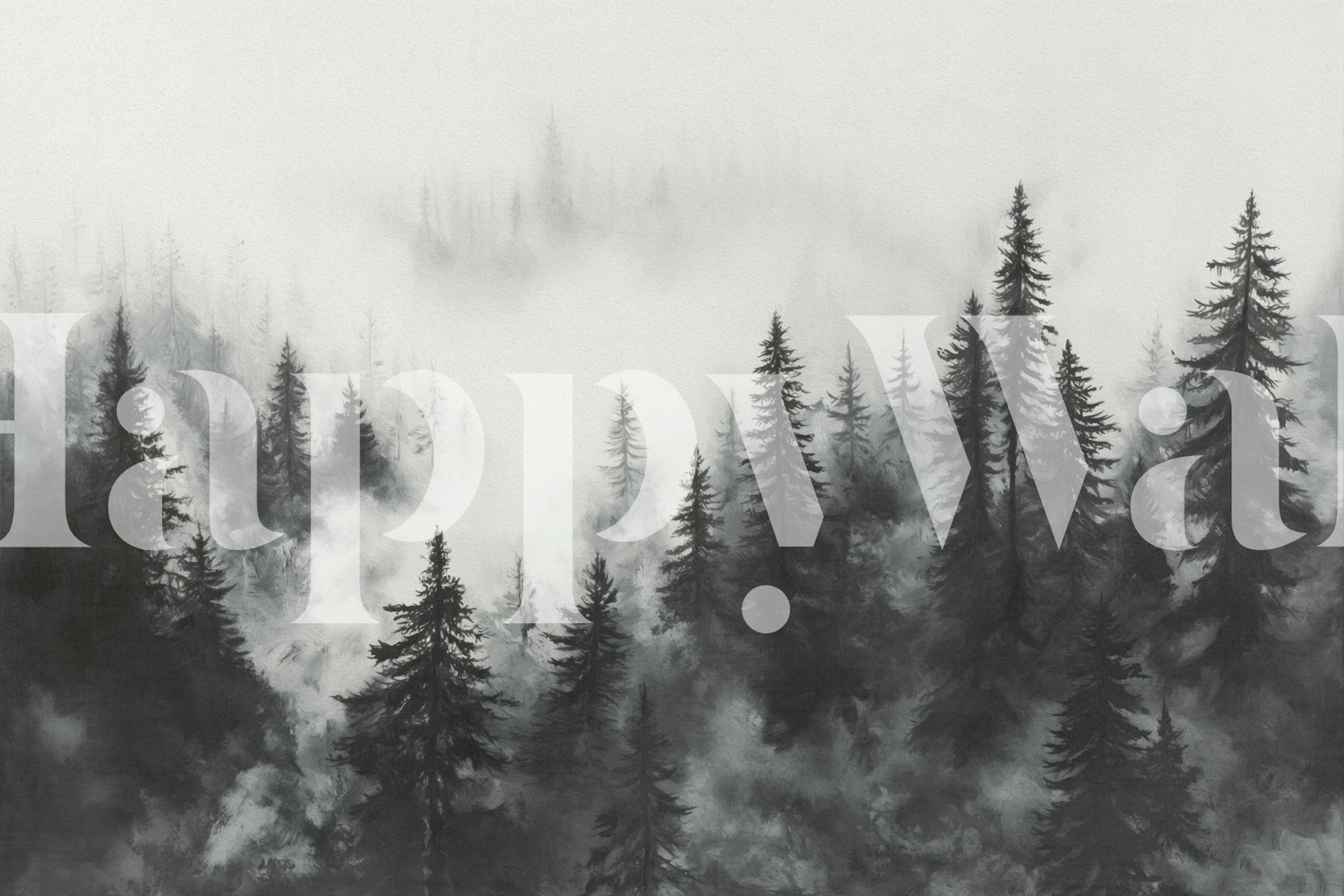 Black and white misty forest wallpaper with pine trees
