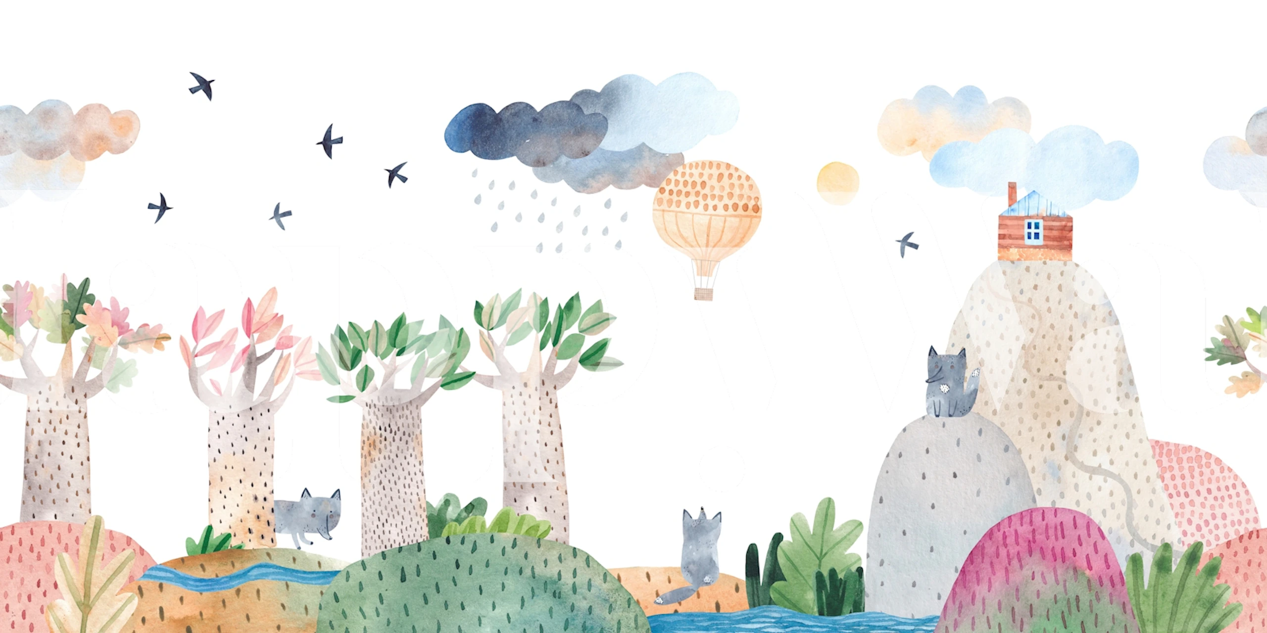 Ilustrativni zidni mural s otkačenim drvećem, oblacima, balonom na vrući zrak i razigranim krajolikom za dječje sobe