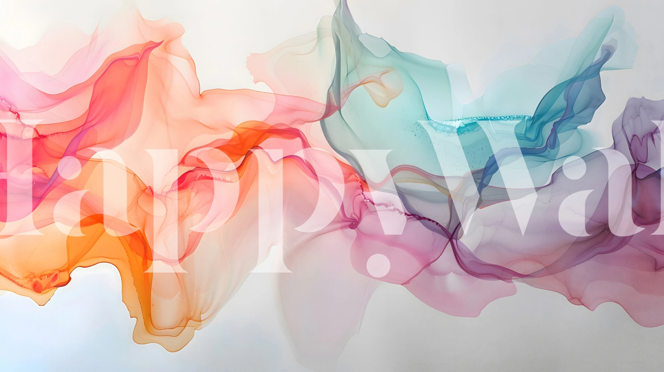 Abstract watercolor wall mural depicting flowing colors of pink, blue, and orange on happywall.com
