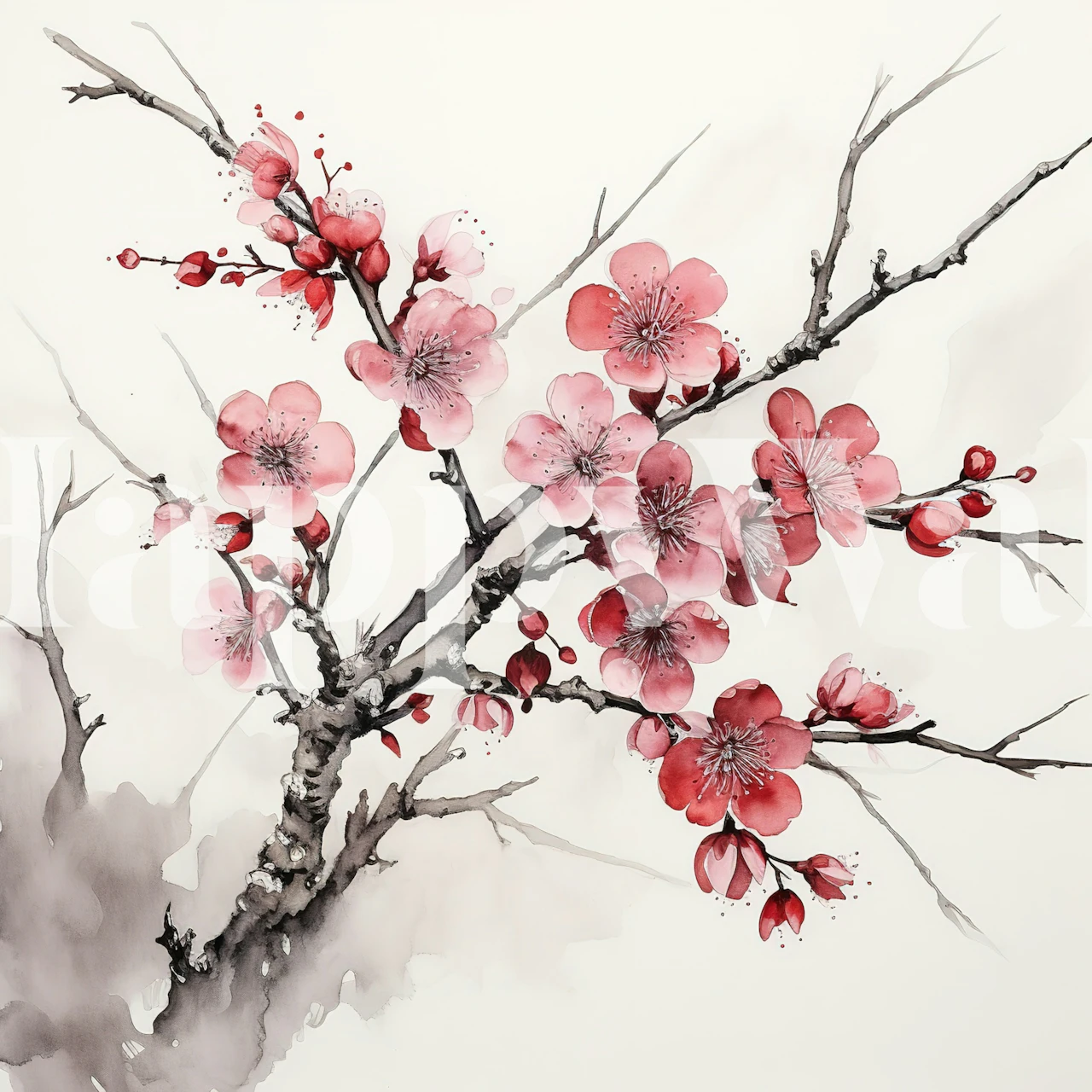 Ink Cherry Blossoms Branches wzór tapety