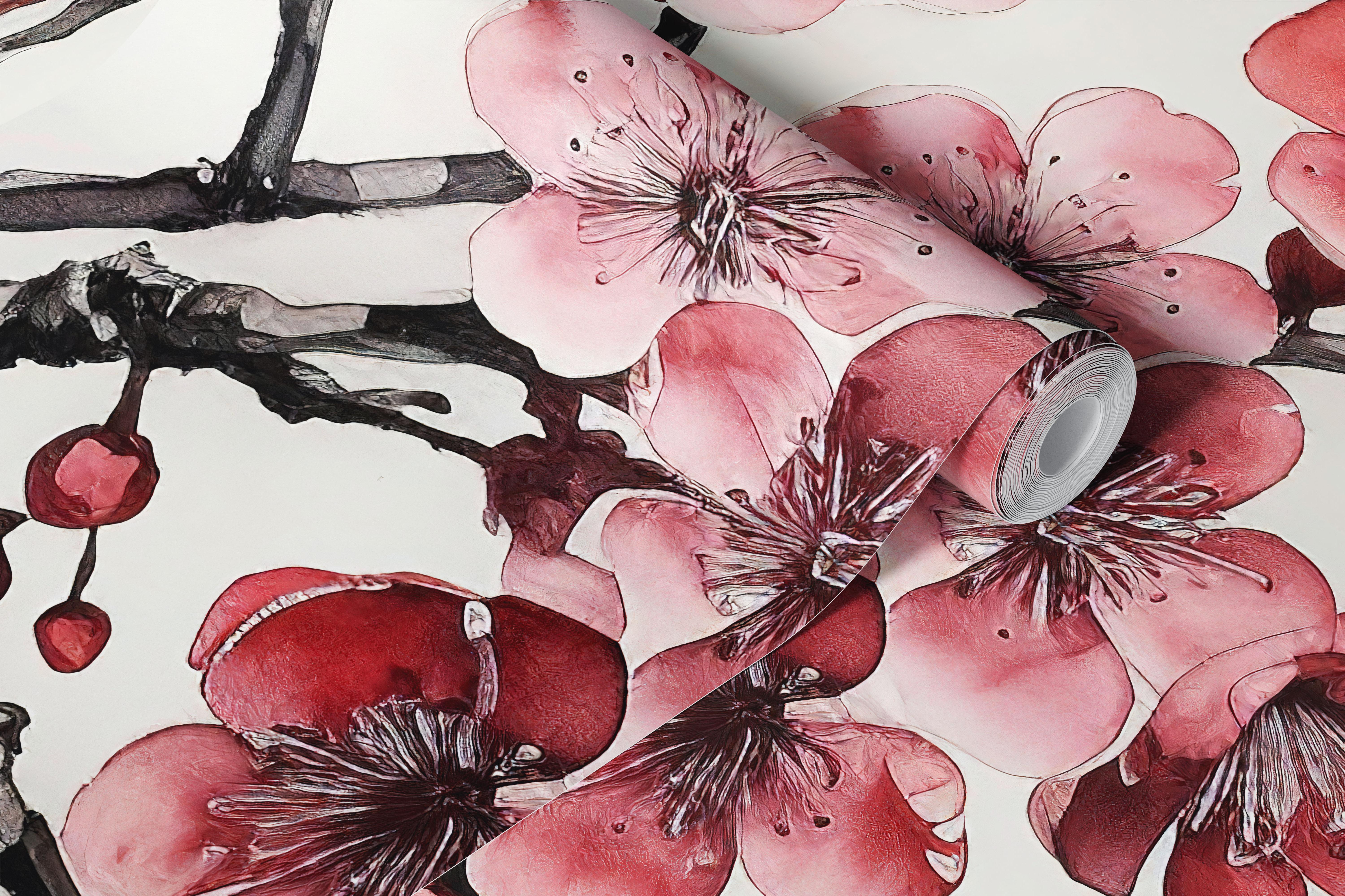 Cherry blossom branches with pink flowers and gray branches wallpaper
