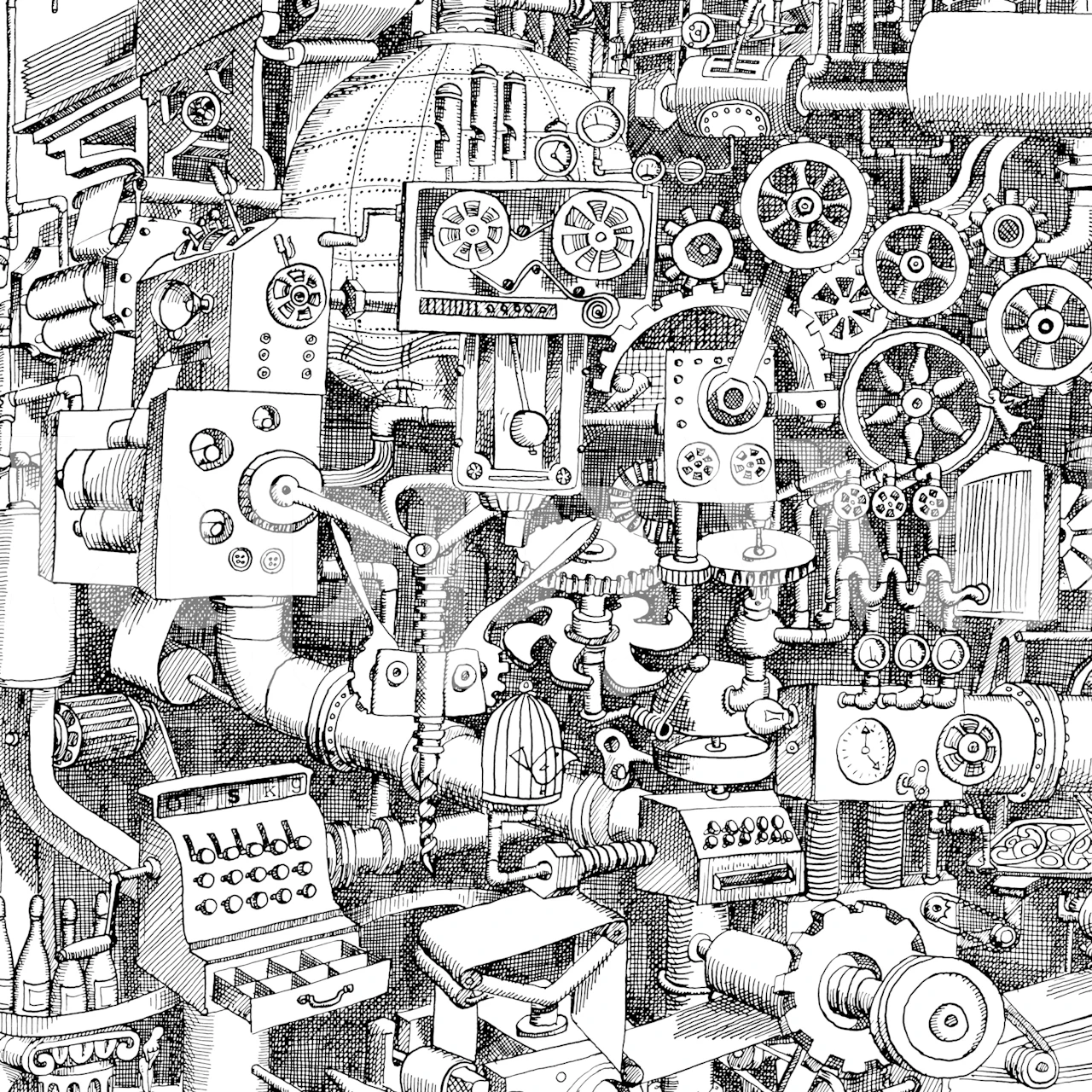 Croquis complexe de robots et de machines, fresque murale « L'heure du déjeuner d'un robot »