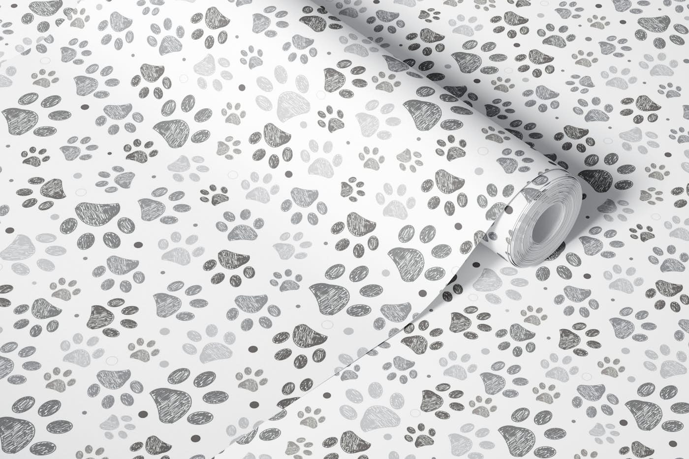 Doodle grey paw prints with geometric shapes wallpaper roll