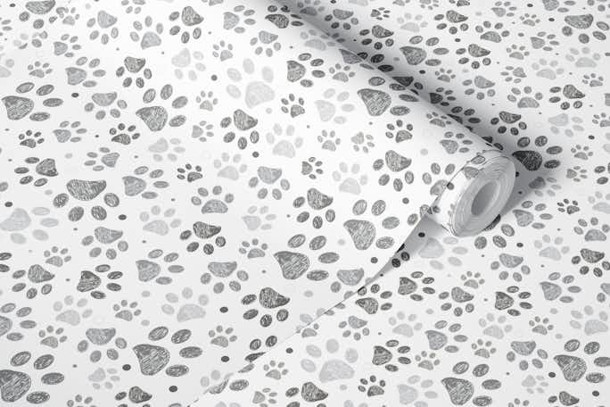 Doodle grey paw prints with geometric shapeswallpaper roll