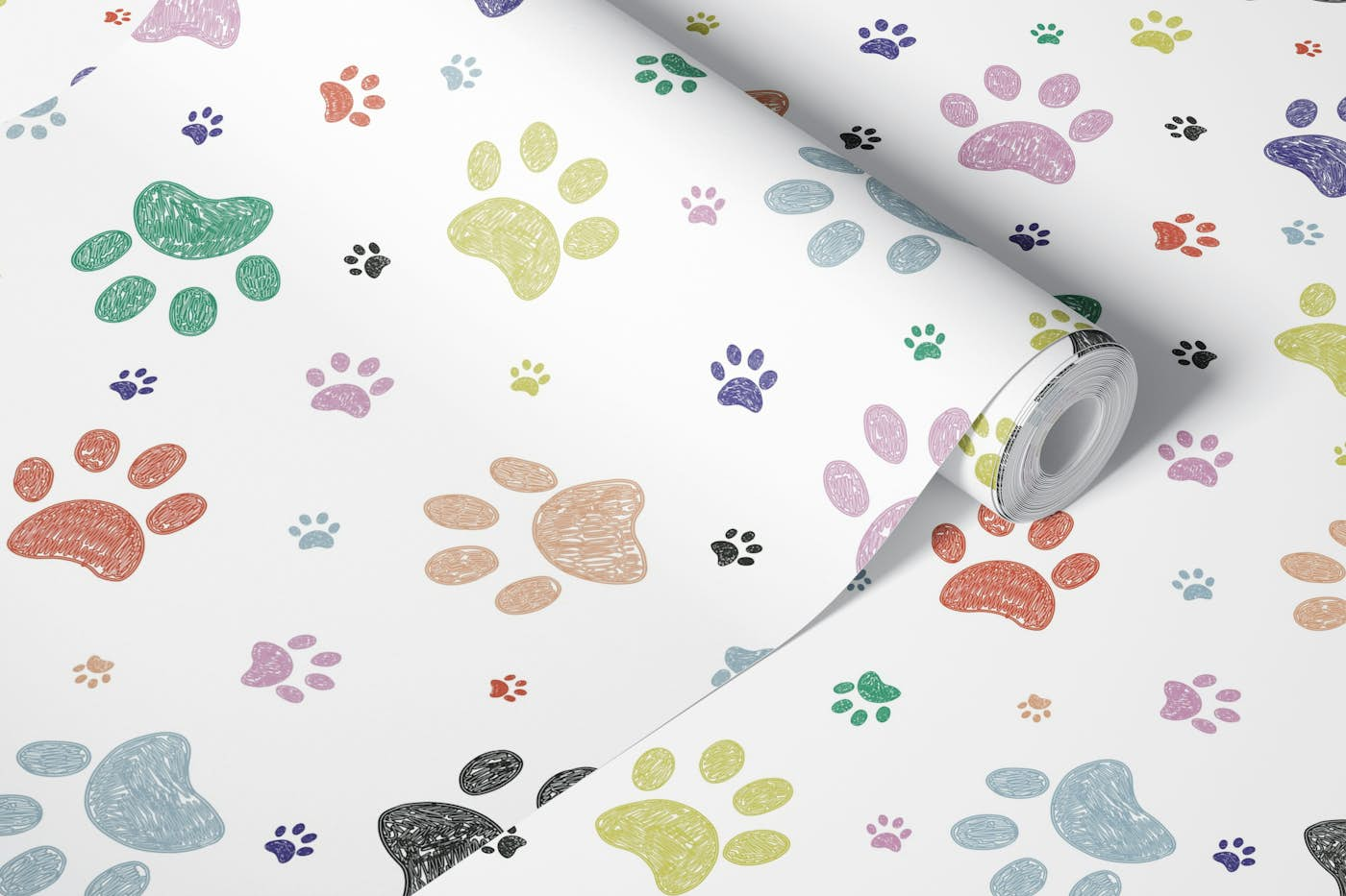 Doodle colorful paw prints wallpaper roll