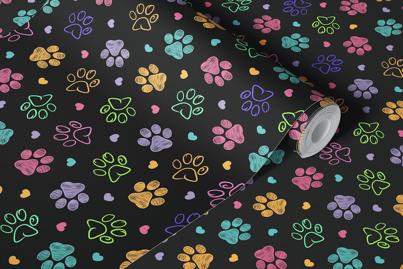 Colorful doodle paw prints dark wallpaper roll