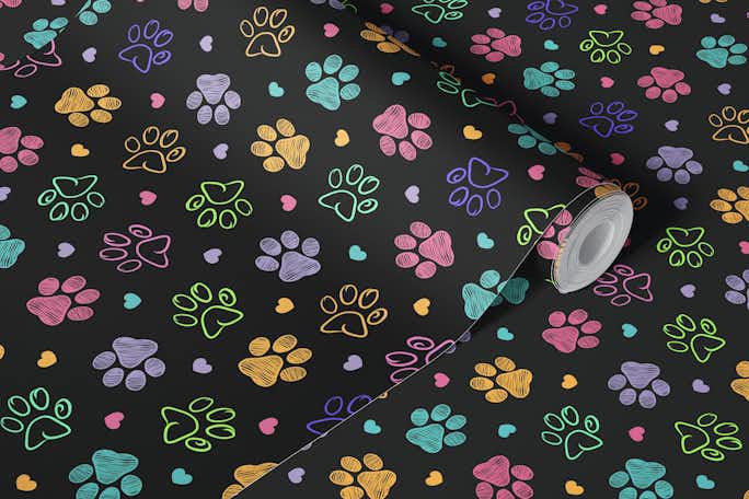 Colorful doodle paw prints darkwallpaper roll