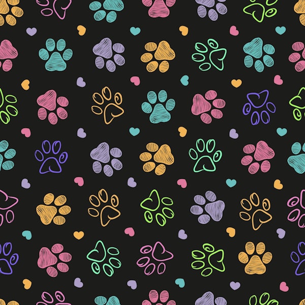 Colorful doodle paw prints dark