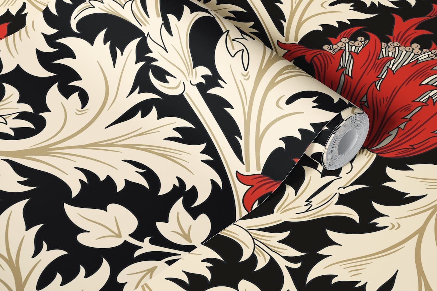 Victorian Anemone pattern 4 Red, Beige, Black wallpaper roll