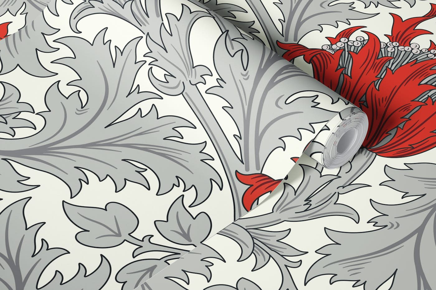 Victorian Anemone pattern 5 Red, Grey, White wallpaper roll