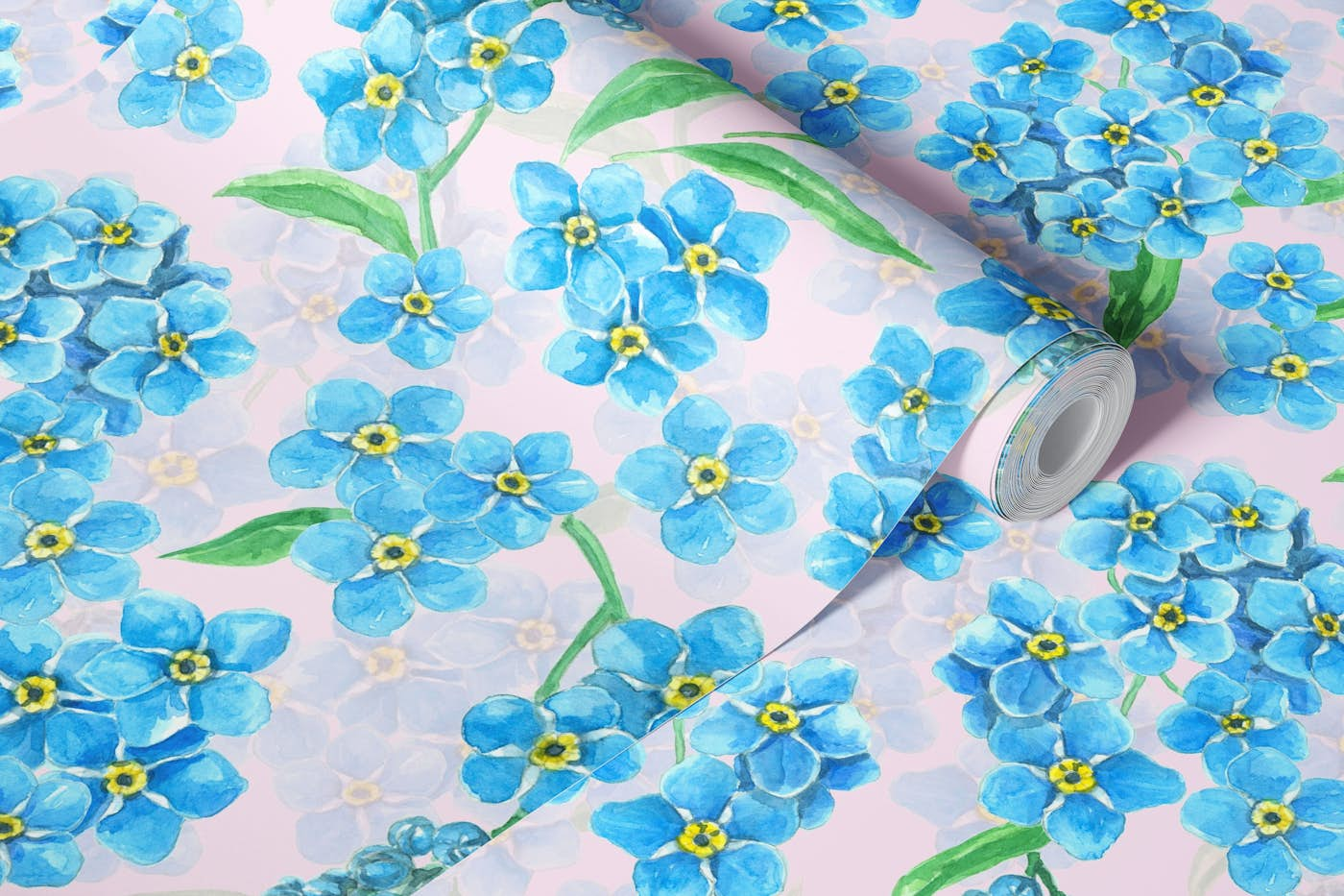 Forget me not flowers on pink wallpaper roll