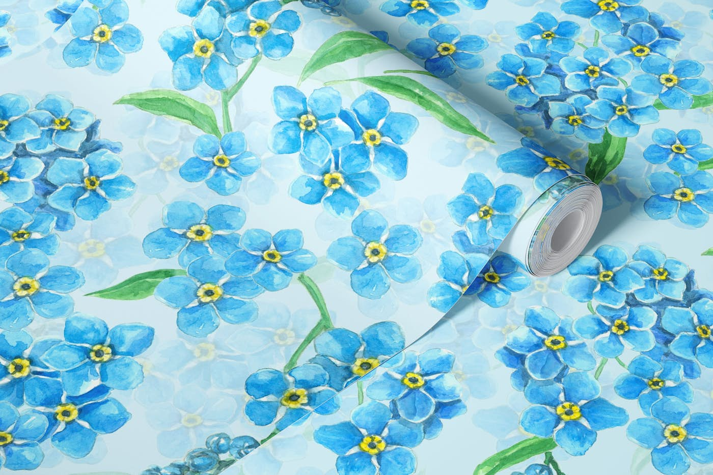 Forget me not flowers on blue wallpaper roll