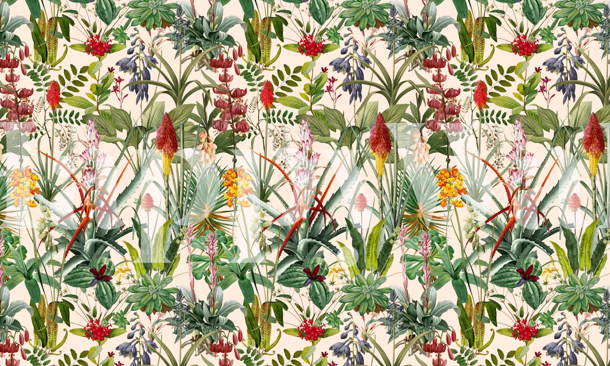 Tropical floral wallpaper with vibrant plants and flowers in greens, reds, and yellows
