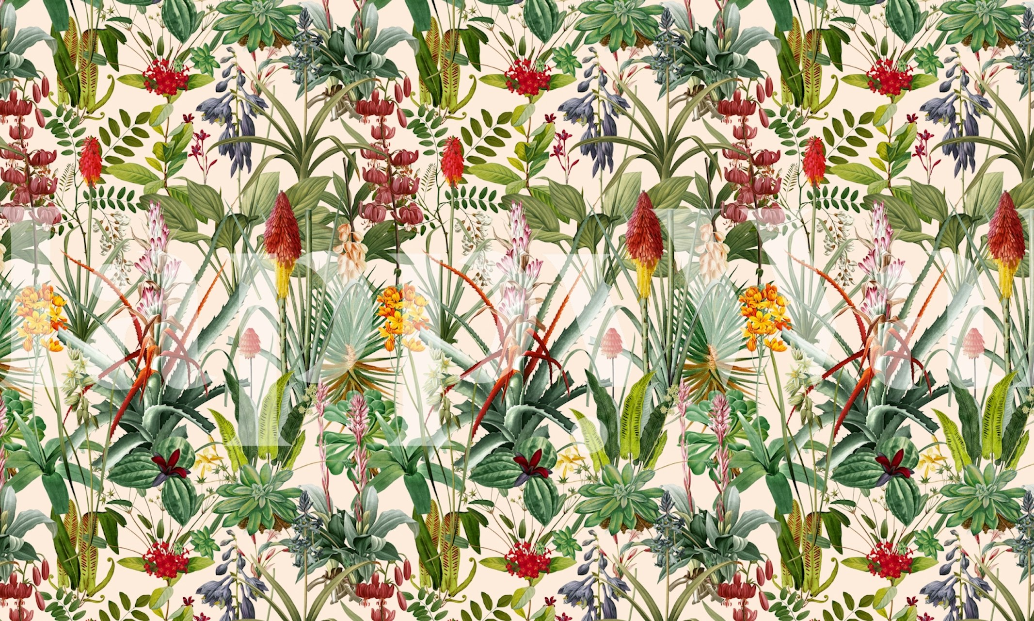 Tropical floral wallpaper with vibrant plants and flowers in greens, reds, and yellows