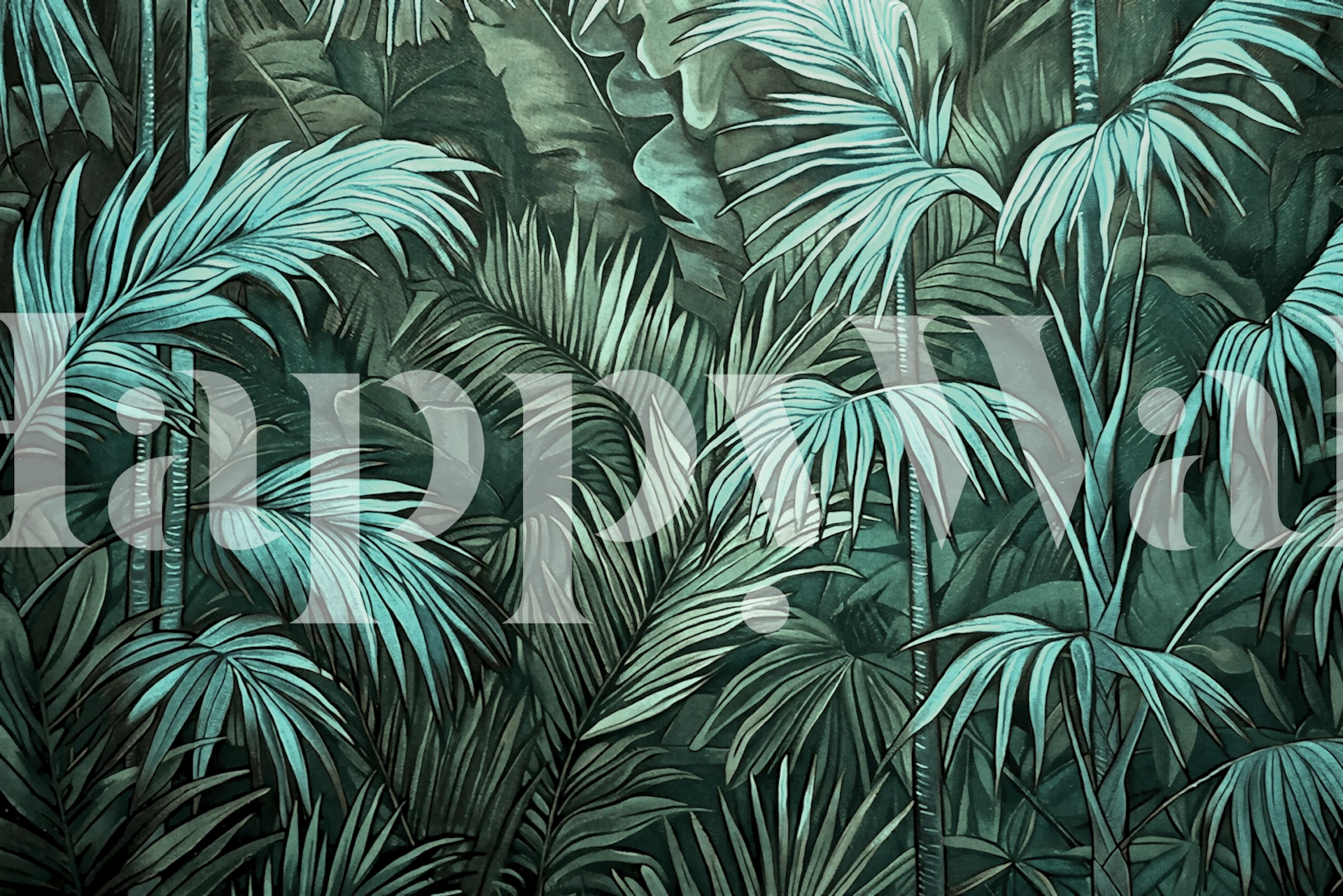 Teal tropical jungle-themed wallpaper in room.