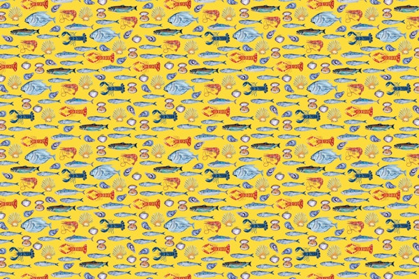 SHIMMERING OCEAN FISH SCENE ON YELLOW