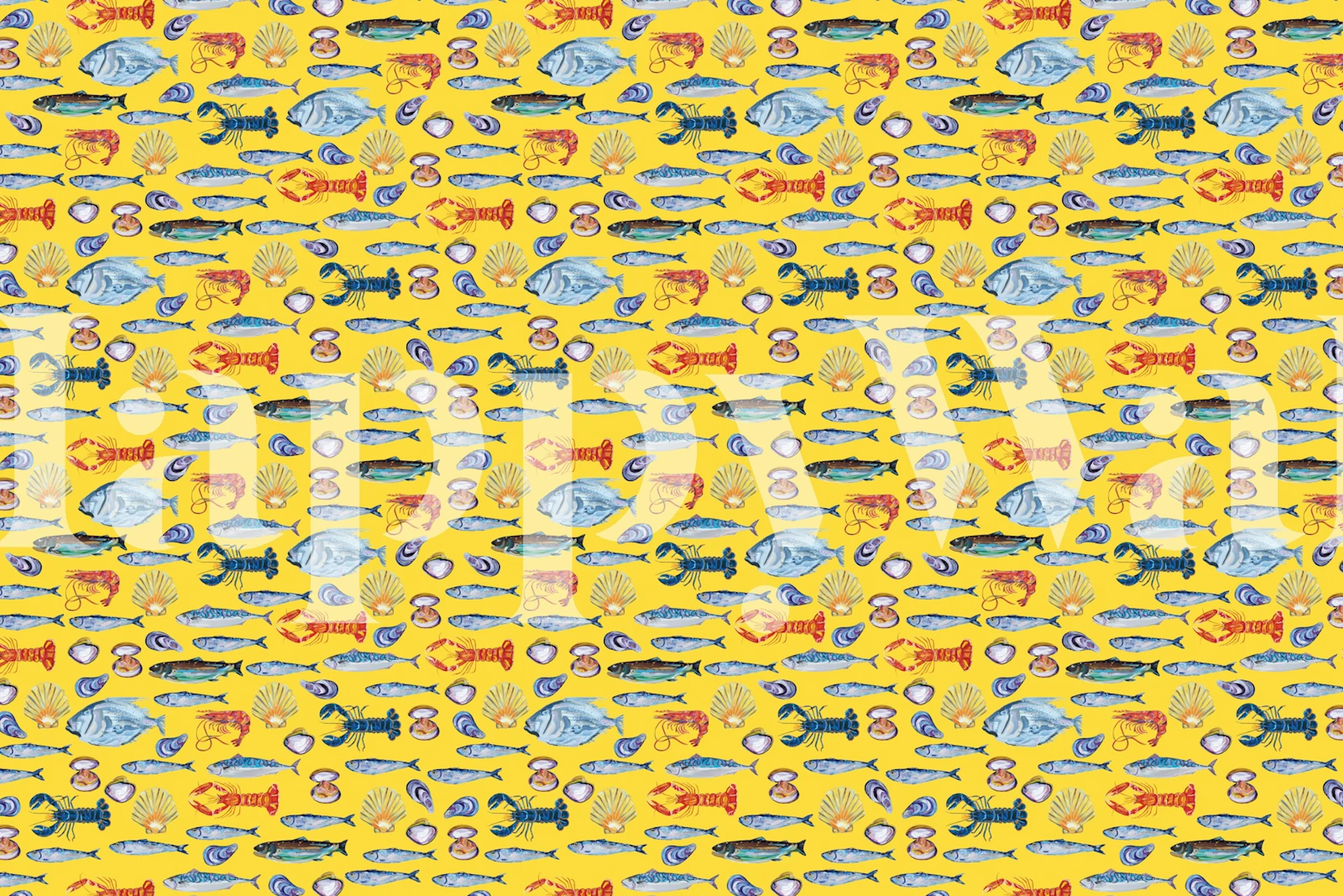 Colorful fish and shell patterns on bright yellow wallpaper