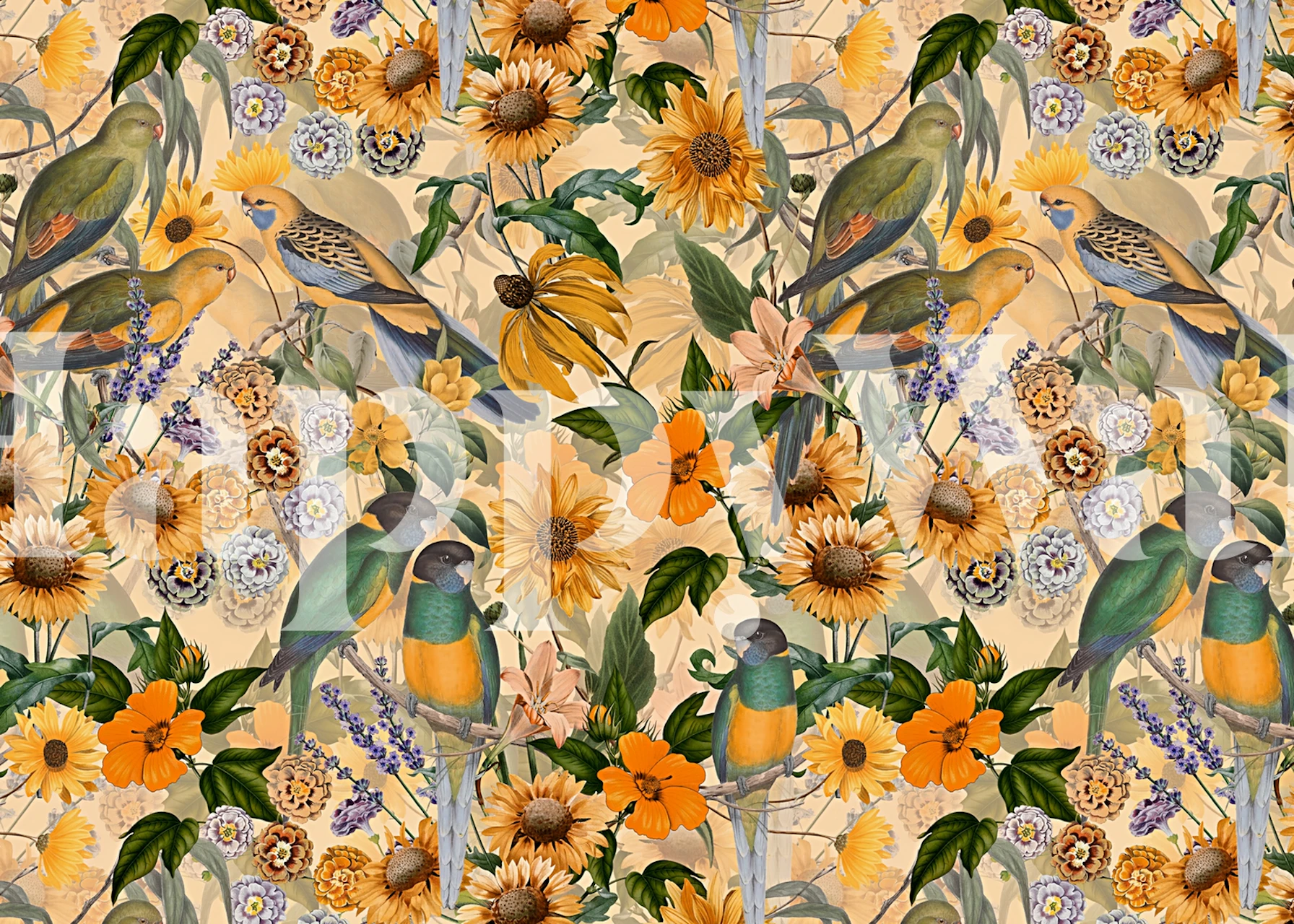 Vintage wallpaper featuring colorful parrots and flowers in orange, yellow, and green hues