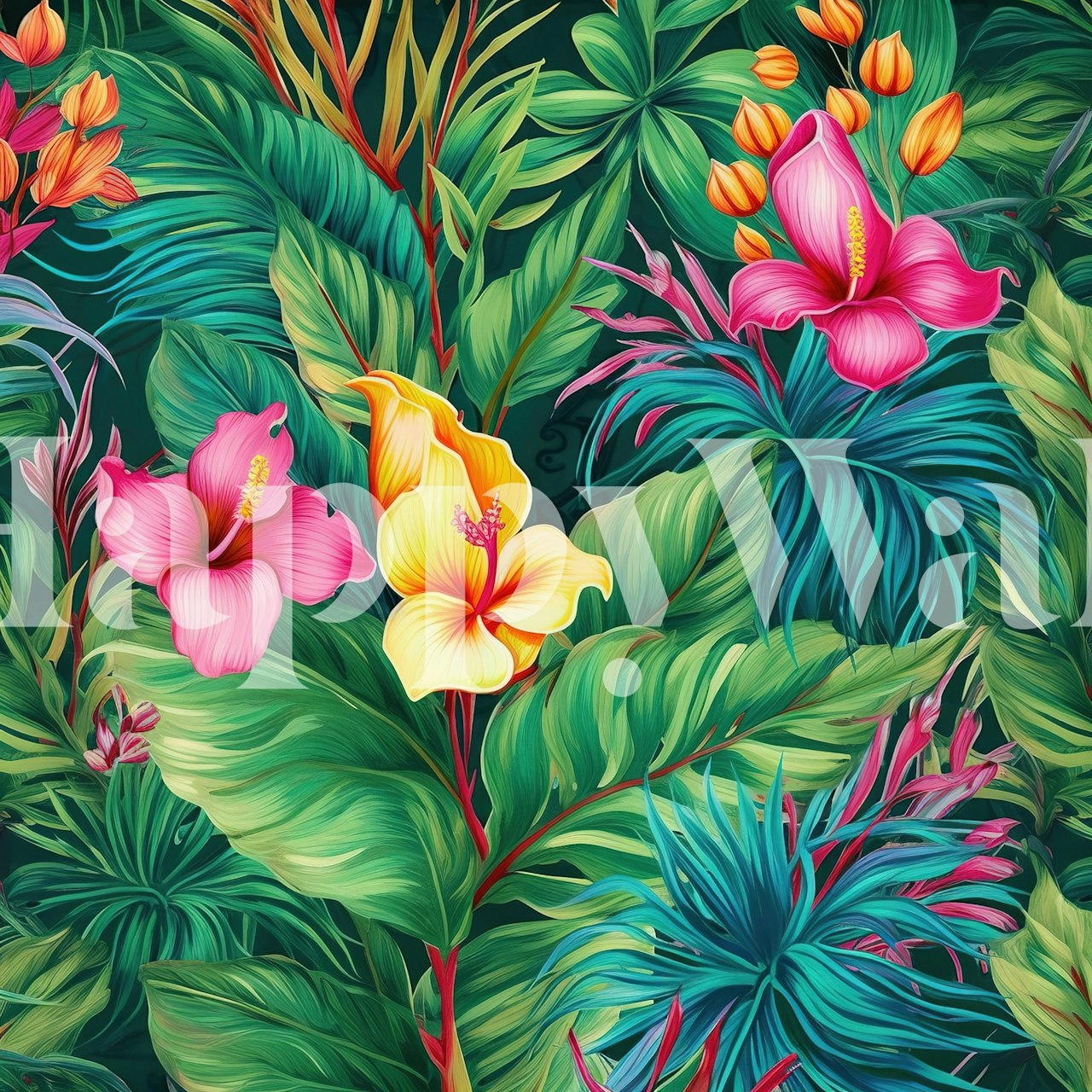 Tropical Lush Flora τοιχογραφία με ζωντανά ροζ και κίτρινα λουλούδια και πλούσια πράσινα φύλλα