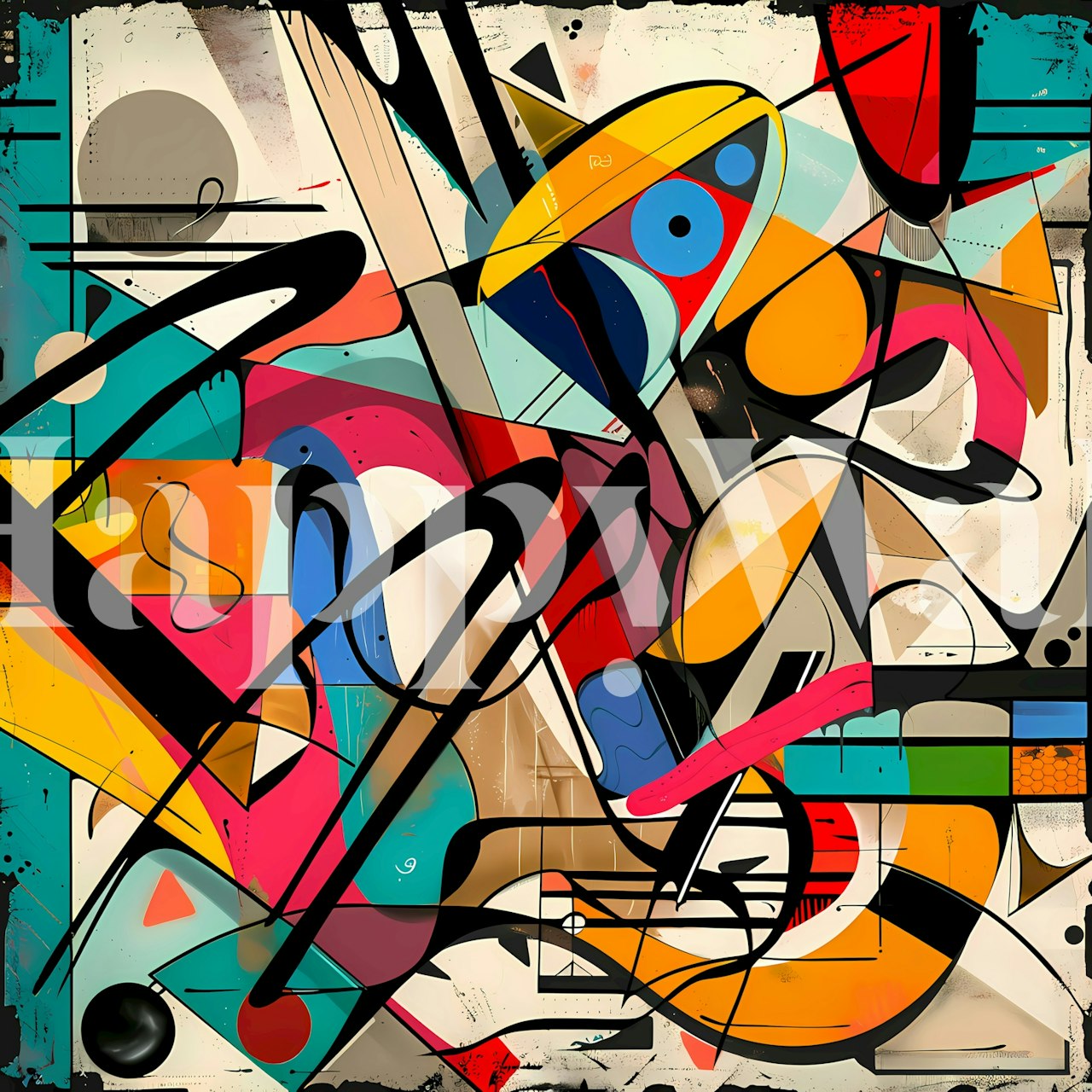 Colorful abstract geometric shapes in blue, red, yellow, and black wallpaper