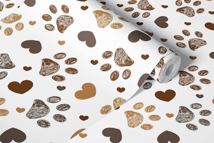 Brown paw prints with heart patternwallpaper roll
