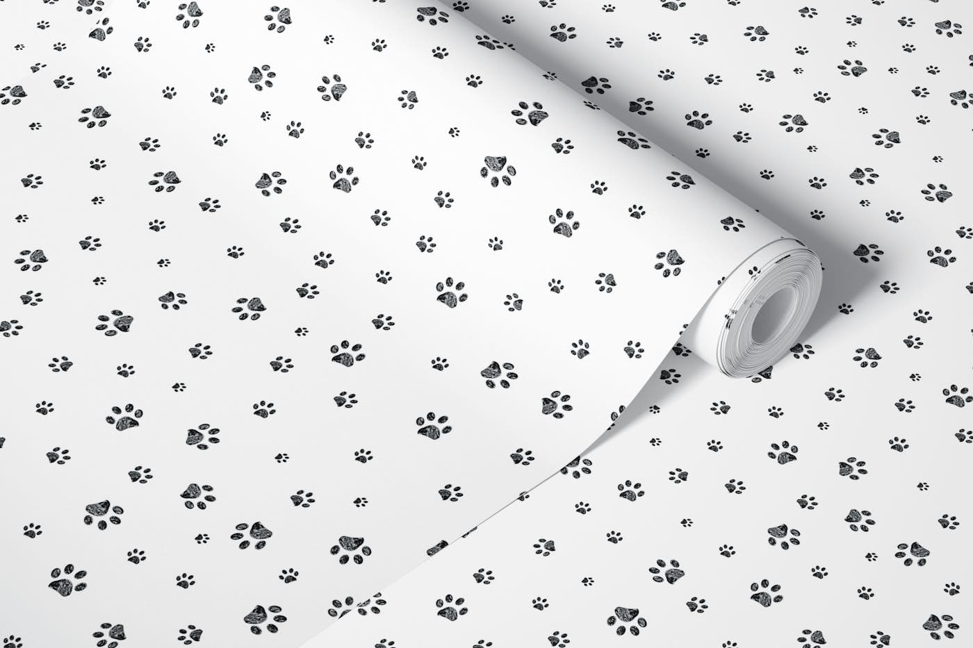 Trace black doodle paw prints pattern wallpaper roll