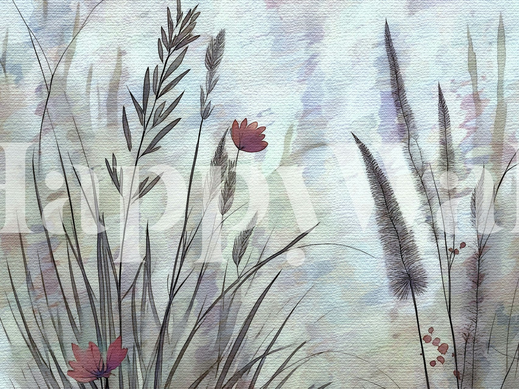 Aqua floral wallpaper featuring wildflowers and soft green hues