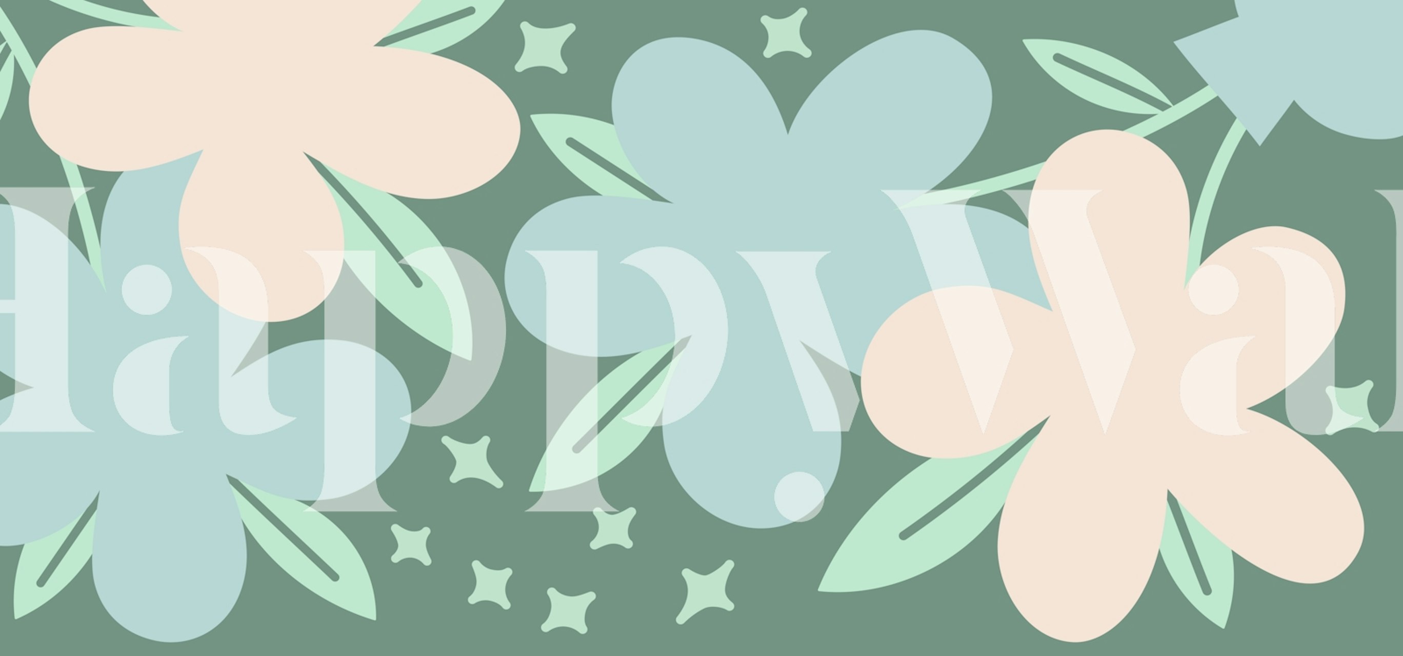 Colorful large flowers with leaves on a green background wallpaper