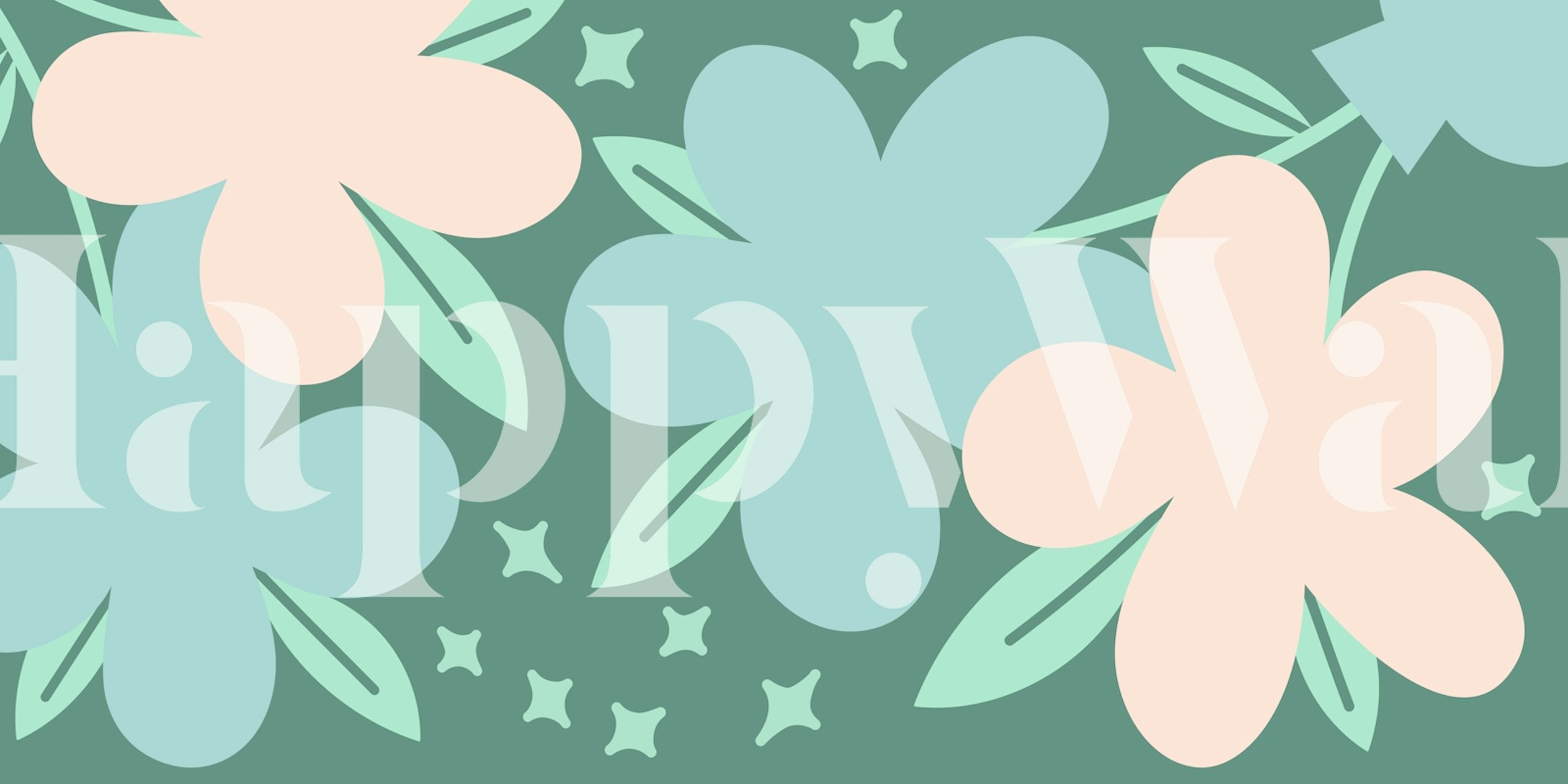 Colorful large flowers with leaves on a green background wallpaper