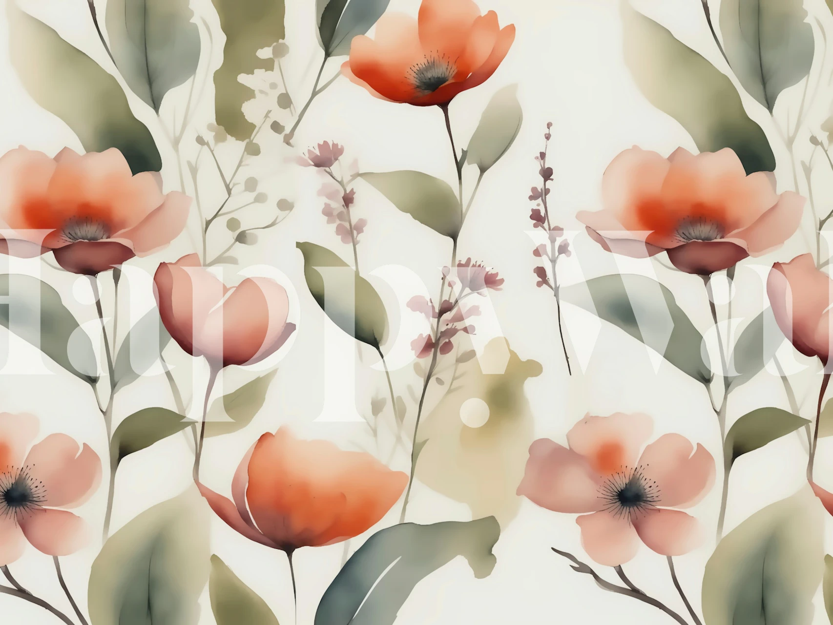 Pink floral wallpaper featuring peonies and lavender with green leaves