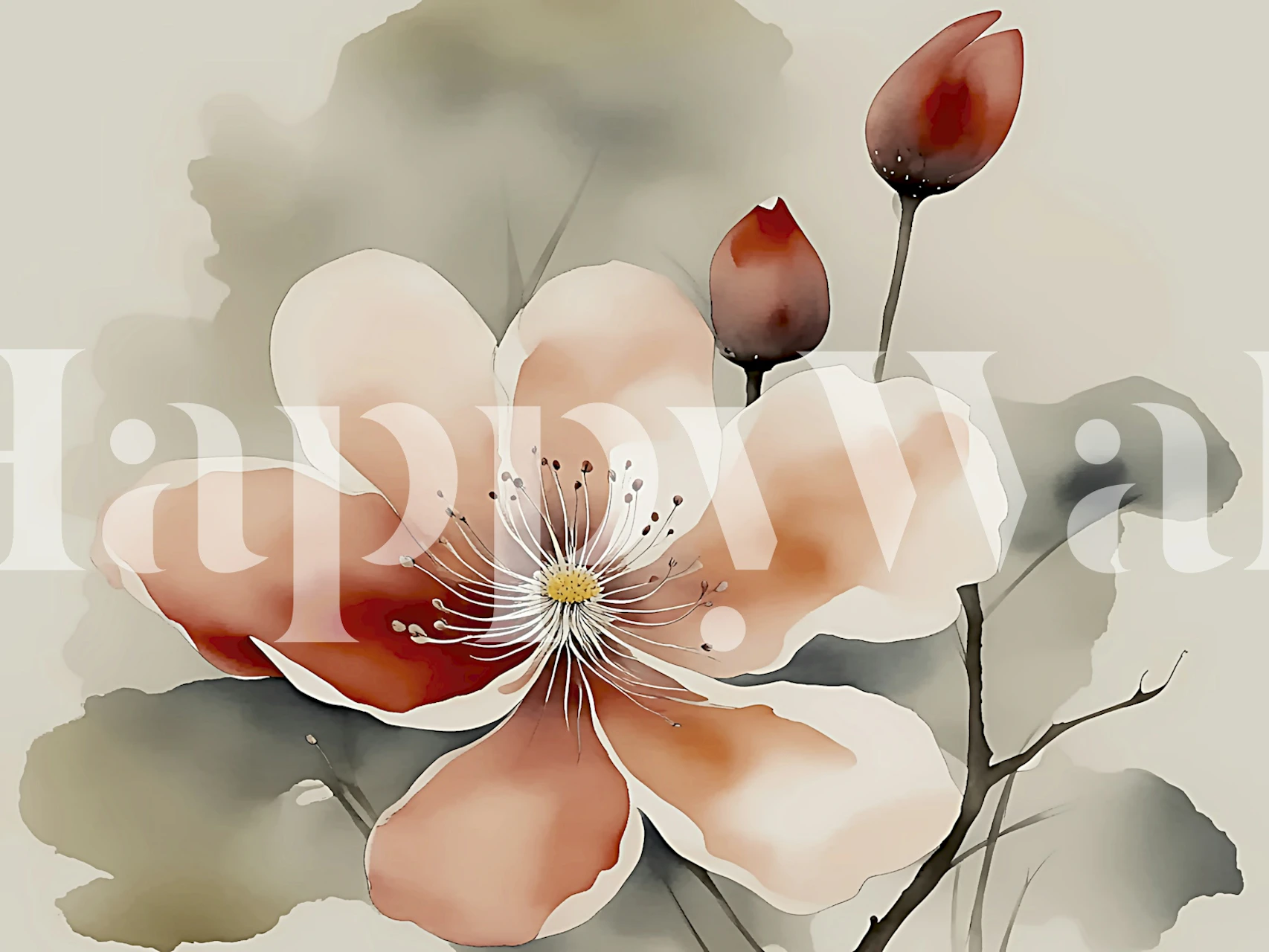 Large peach flower with buds and soft green foliage wallpaper