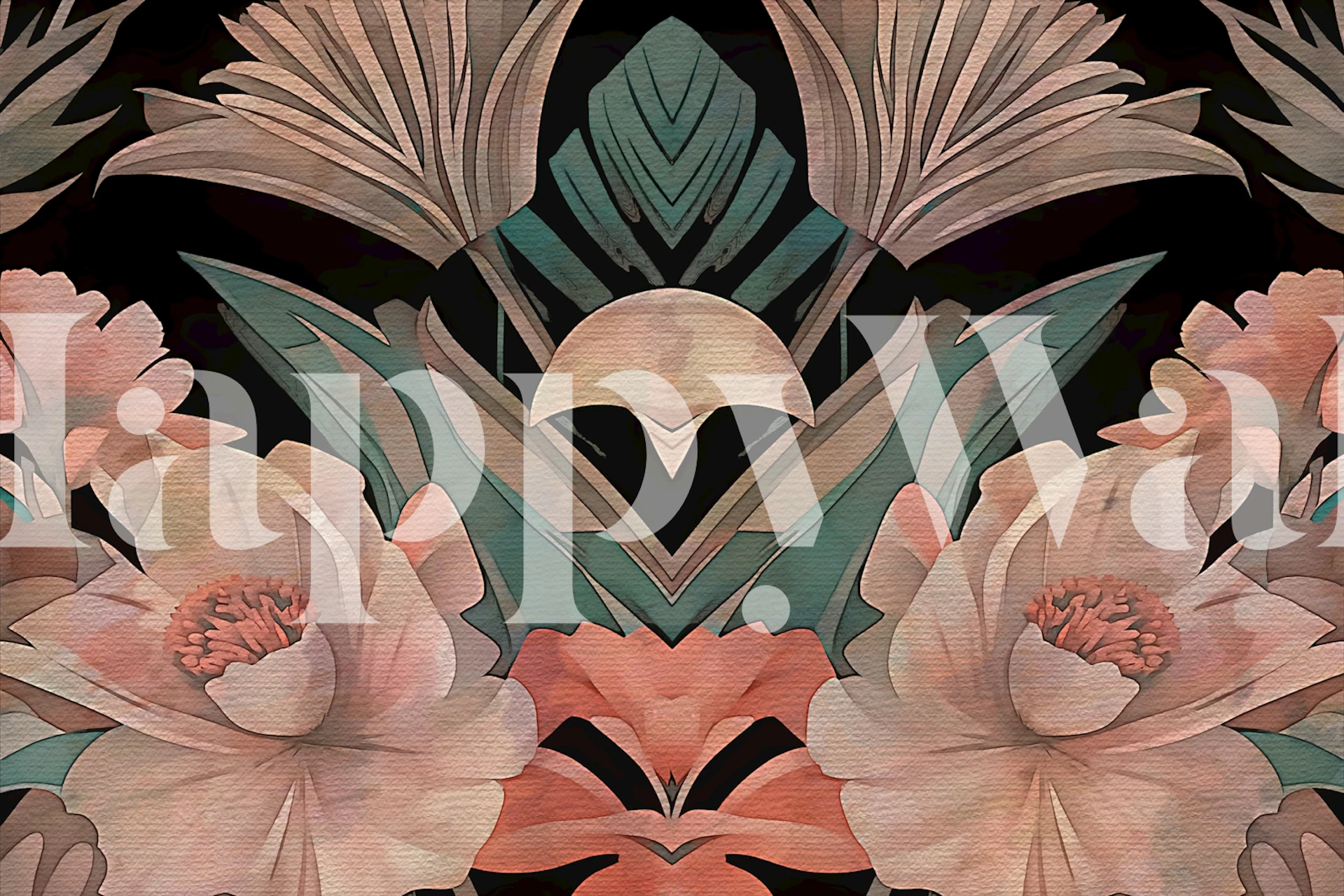 Floral design with soft pinks and greens on black background wallpaper