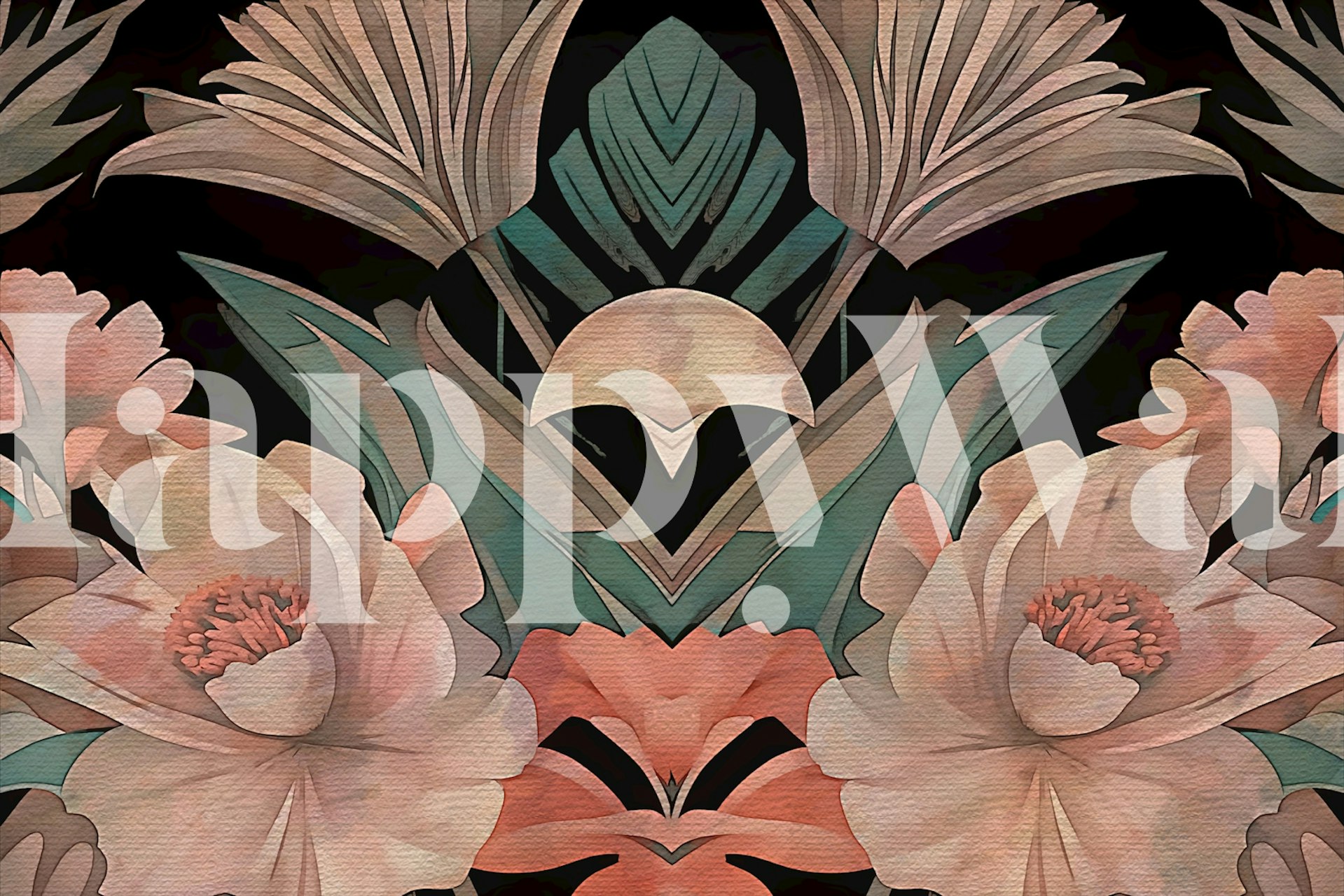 Floral design with soft pinks and greens on black background wallpaper